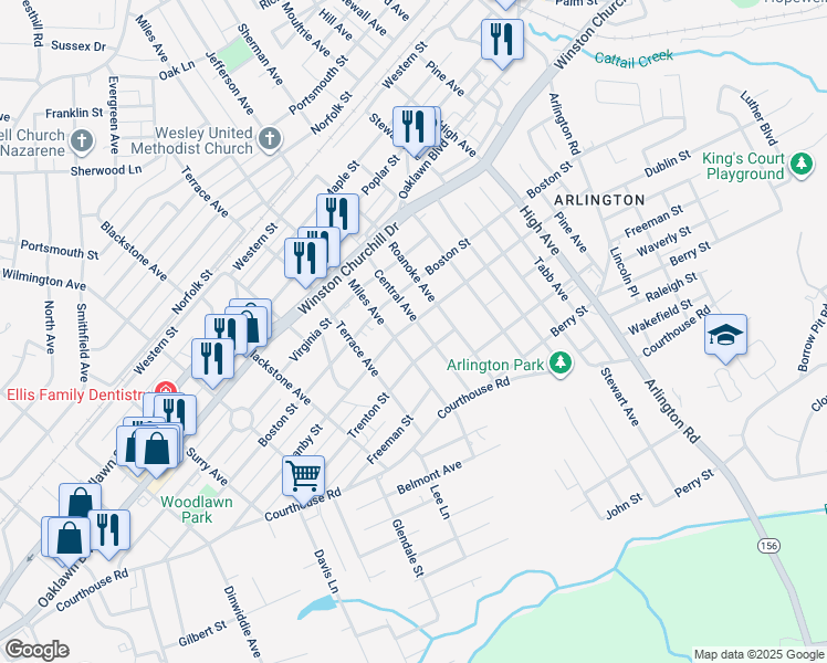 map of restaurants, bars, coffee shops, grocery stores, and more near 1300 Central Avenue in Hopewell