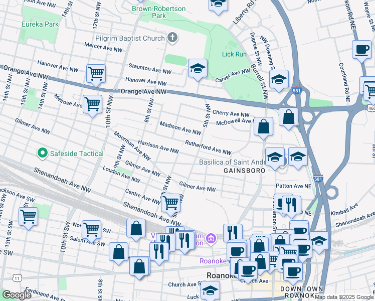 map of restaurants, bars, coffee shops, grocery stores, and more near 523 Harrison Avenue Northwest in Roanoke