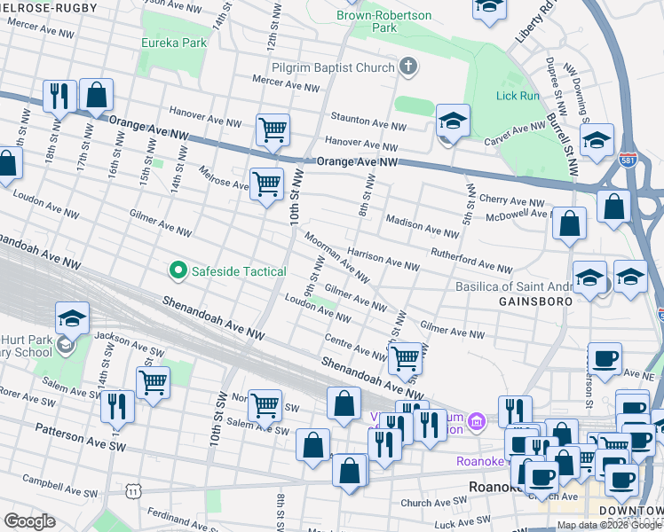 map of restaurants, bars, coffee shops, grocery stores, and more near 819 Fairfax Avenue Northwest in Roanoke