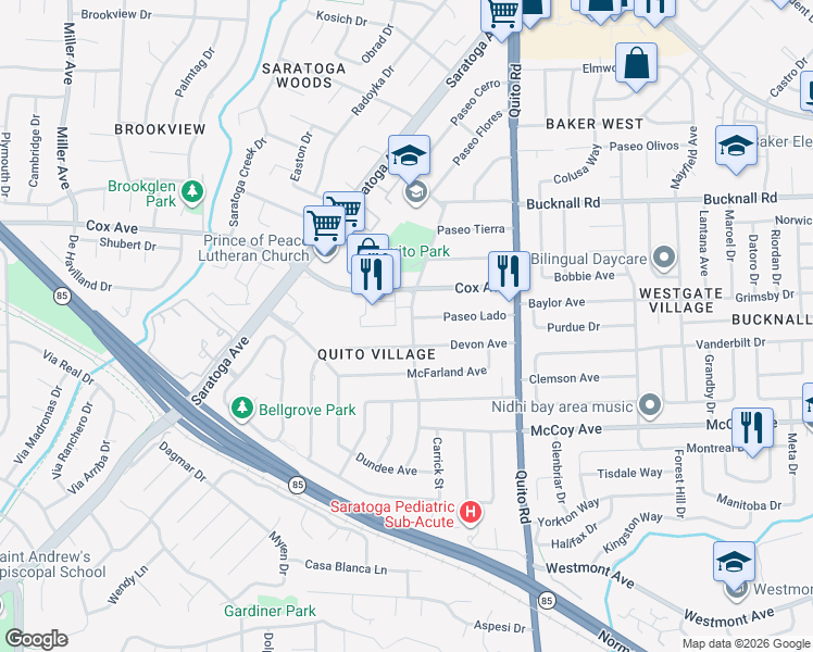 map of restaurants, bars, coffee shops, grocery stores, and more near 18708 Paseo Lado in Saratoga