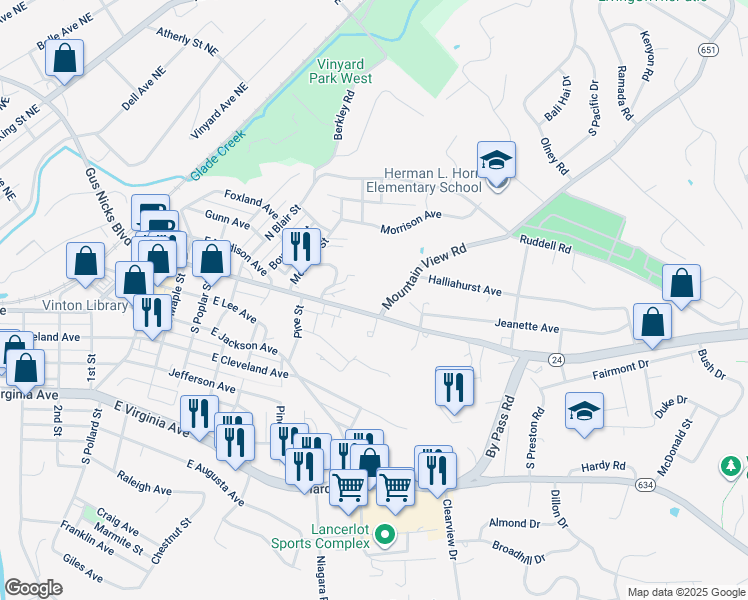 map of restaurants, bars, coffee shops, grocery stores, and more near 892 East Washington Avenue in Vinton