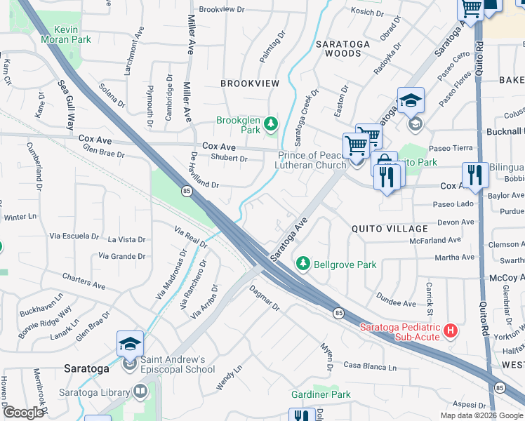 map of restaurants, bars, coffee shops, grocery stores, and more near 19534 Vineyard Lane in Saratoga