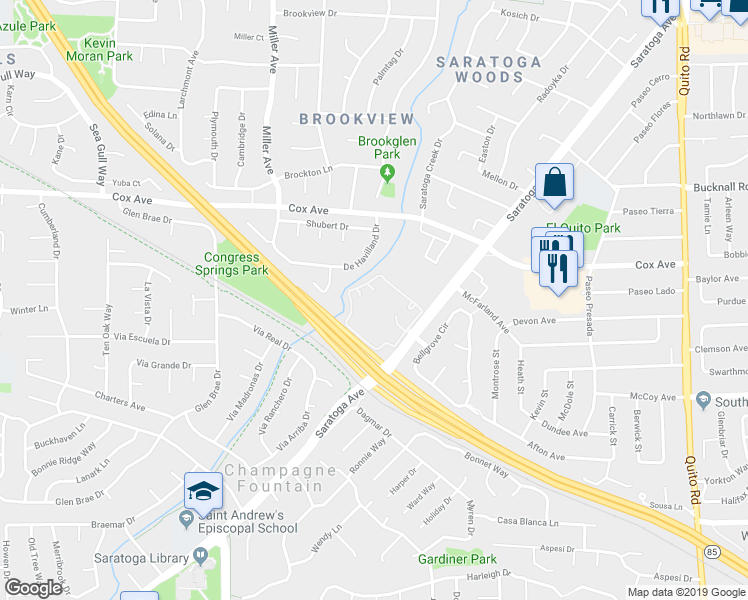 map of restaurants, bars, coffee shops, grocery stores, and more near 19534 Vineyard Lane in Saratoga