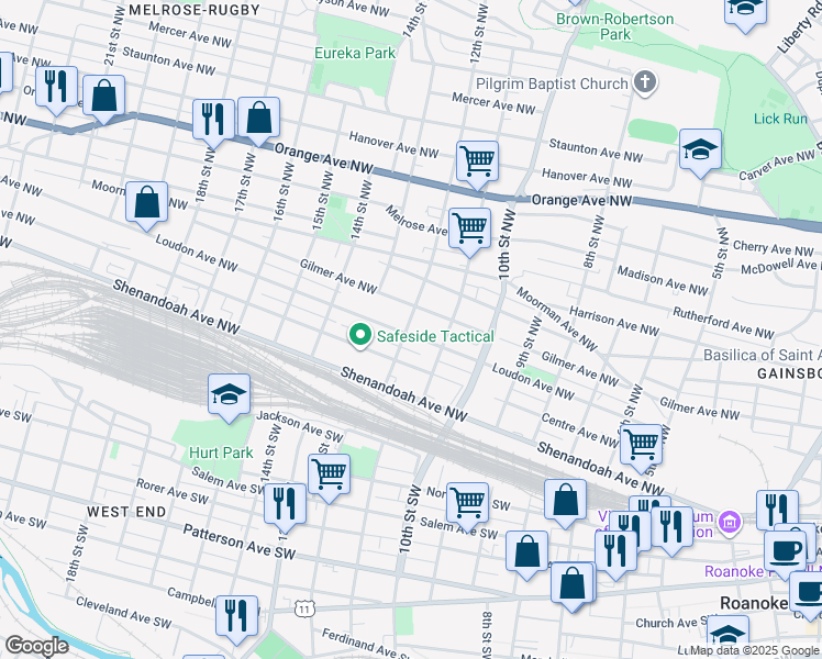 map of restaurants, bars, coffee shops, grocery stores, and more near 1211 Loudon Avenue Northwest in Roanoke