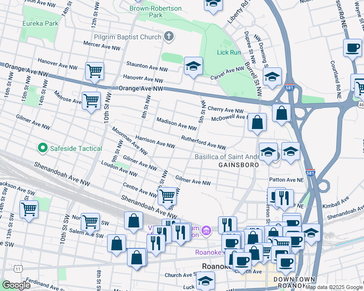 map of restaurants, bars, coffee shops, grocery stores, and more near 523 Harrison Avenue Northwest in Roanoke