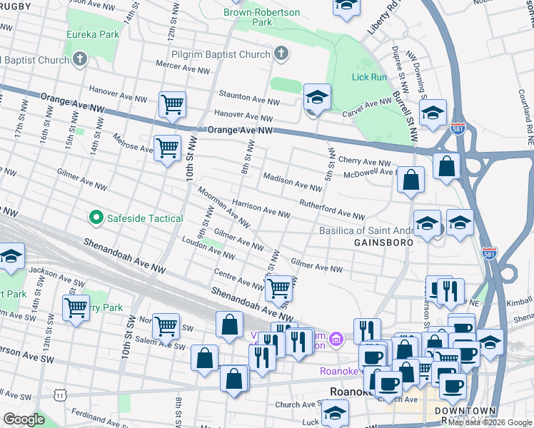 map of restaurants, bars, coffee shops, grocery stores, and more near 634 Harrison Avenue Northwest in Roanoke