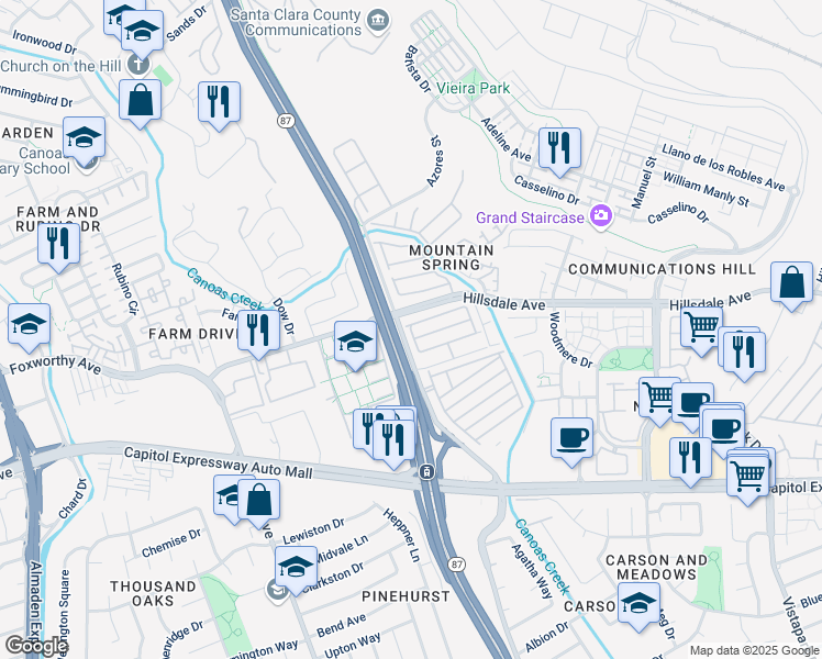 map of restaurants, bars, coffee shops, grocery stores, and more near 561 Mountain Home Drive in San Jose