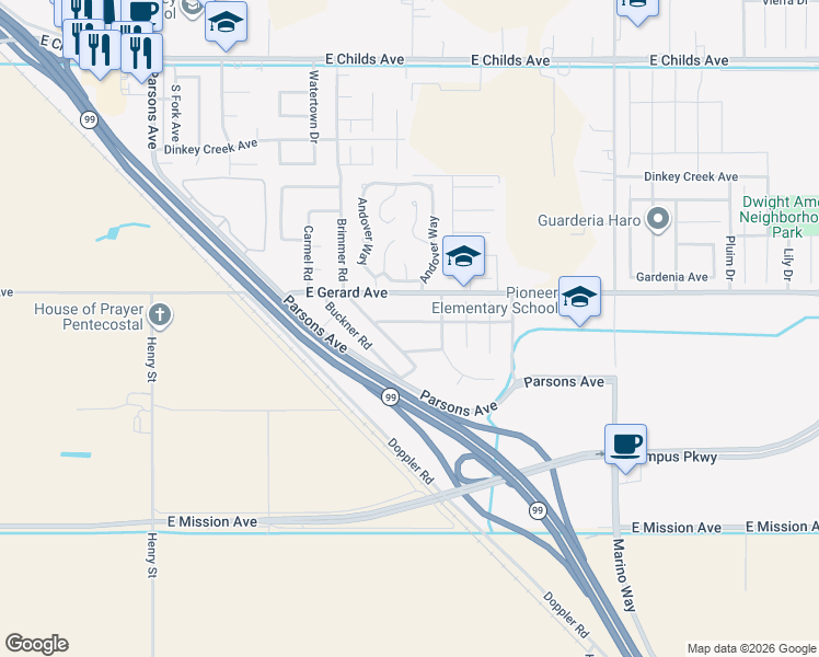 map of restaurants, bars, coffee shops, grocery stores, and more near 2591 Ballantyne Drive in Merced