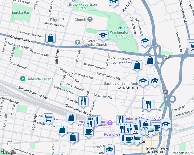 map of restaurants, bars, coffee shops, grocery stores, and more near 523 Harrison Avenue Northwest in Roanoke
