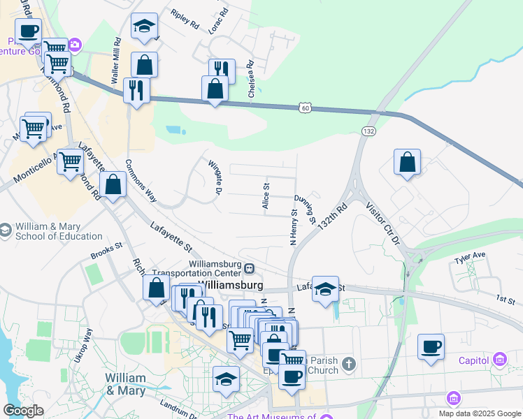 map of restaurants, bars, coffee shops, grocery stores, and more near 505 Burbank Street in Williamsburg