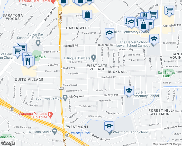 map of restaurants, bars, coffee shops, grocery stores, and more near 2355 Grimsby Court in San Jose