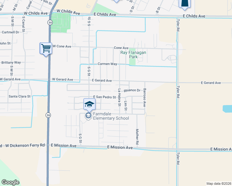 map of restaurants, bars, coffee shops, grocery stores, and more near 264 Rhianon Court in Merced