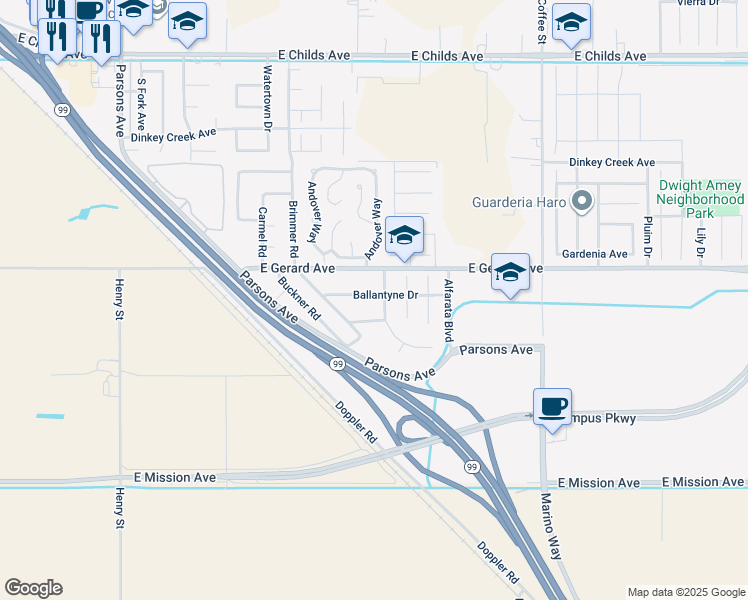 map of restaurants, bars, coffee shops, grocery stores, and more near 2603 Ballantyne Drive in Merced