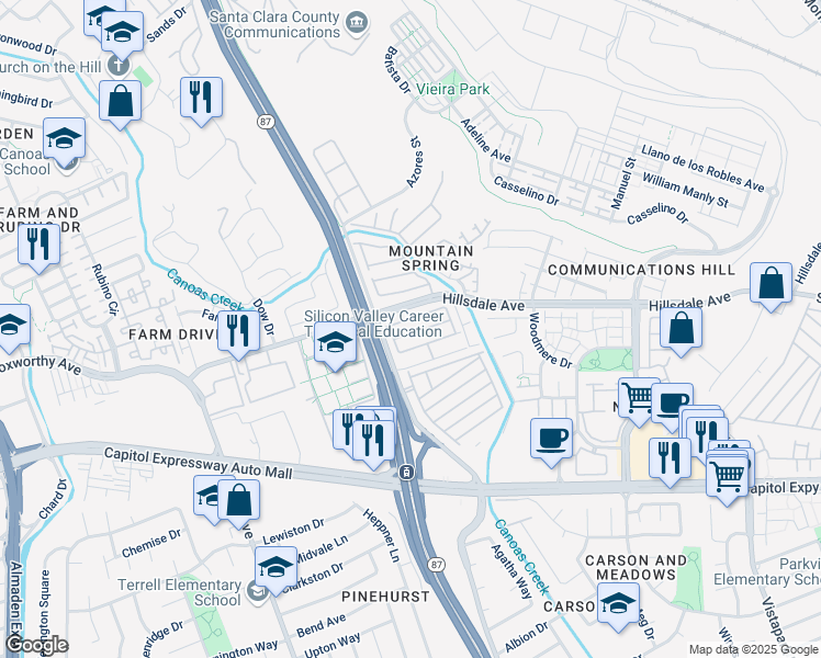 map of restaurants, bars, coffee shops, grocery stores, and more near 570 Mountain Home Drive in San Jose