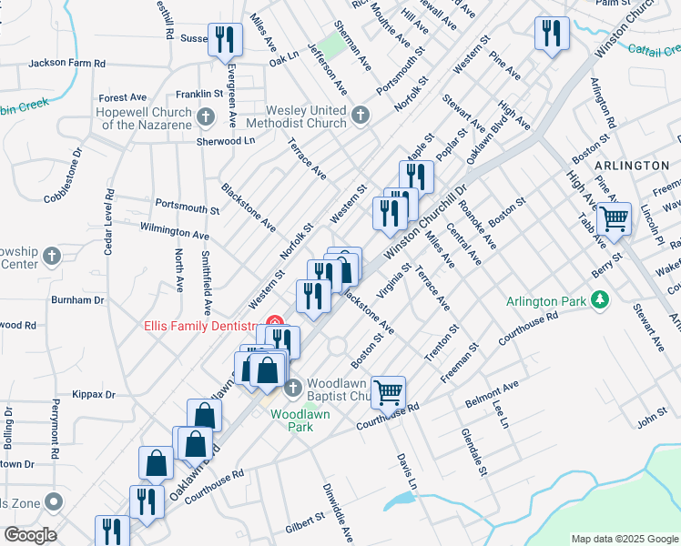 map of restaurants, bars, coffee shops, grocery stores, and more near 3215 Woodlawn Street in Hopewell