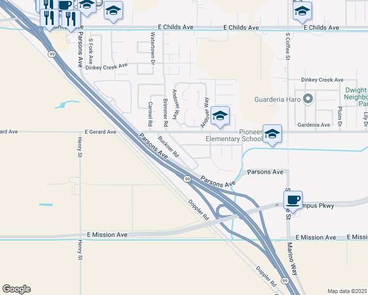 map of restaurants, bars, coffee shops, grocery stores, and more near 2505 Ballantyne Drive in Merced