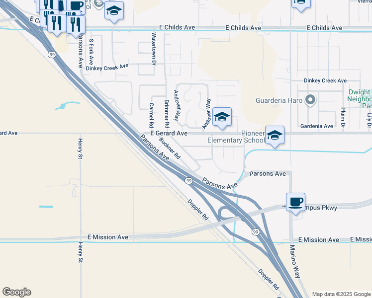 map of restaurants, bars, coffee shops, grocery stores, and more near 2505 Ballantyne Drive in Merced