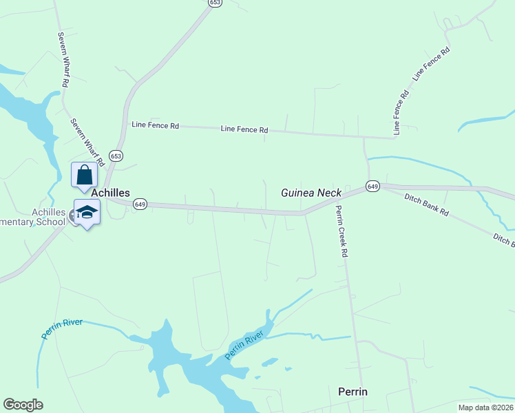 map of restaurants, bars, coffee shops, grocery stores, and more near 9493 Maryus Road in Gloucester County