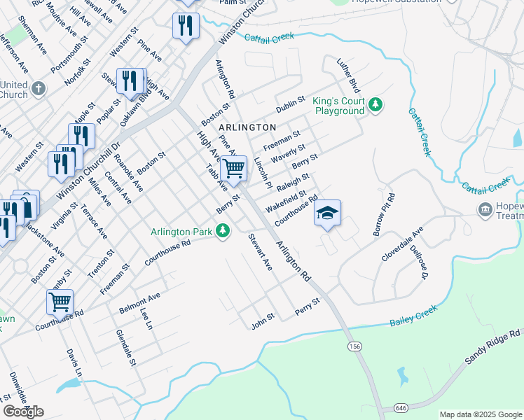 map of restaurants, bars, coffee shops, grocery stores, and more near 1707 Arlington Road in Hopewell