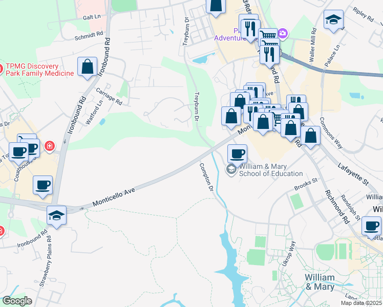 map of restaurants, bars, coffee shops, grocery stores, and more near 370 Monticello Avenue in Williamsburg