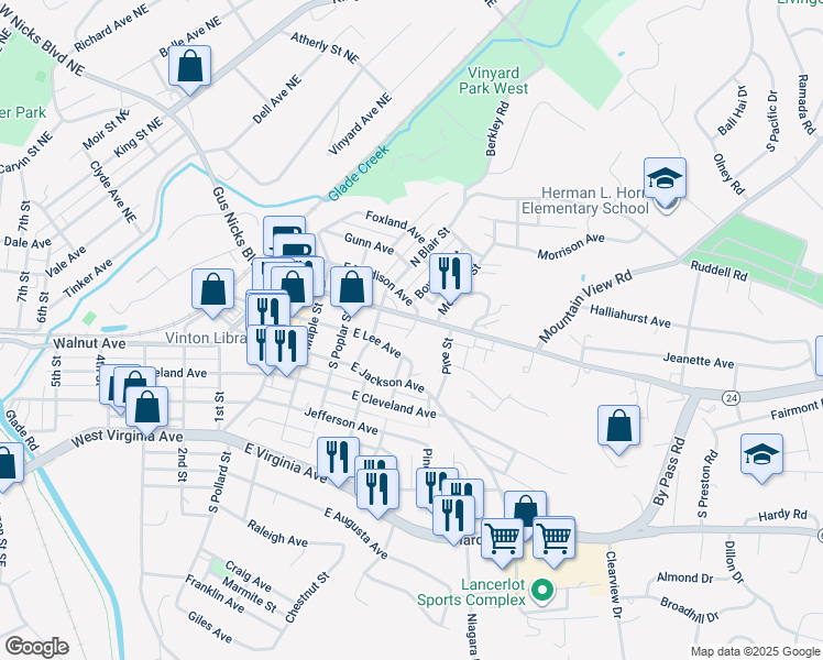 map of restaurants, bars, coffee shops, grocery stores, and more near 159 Church Street in Vinton
