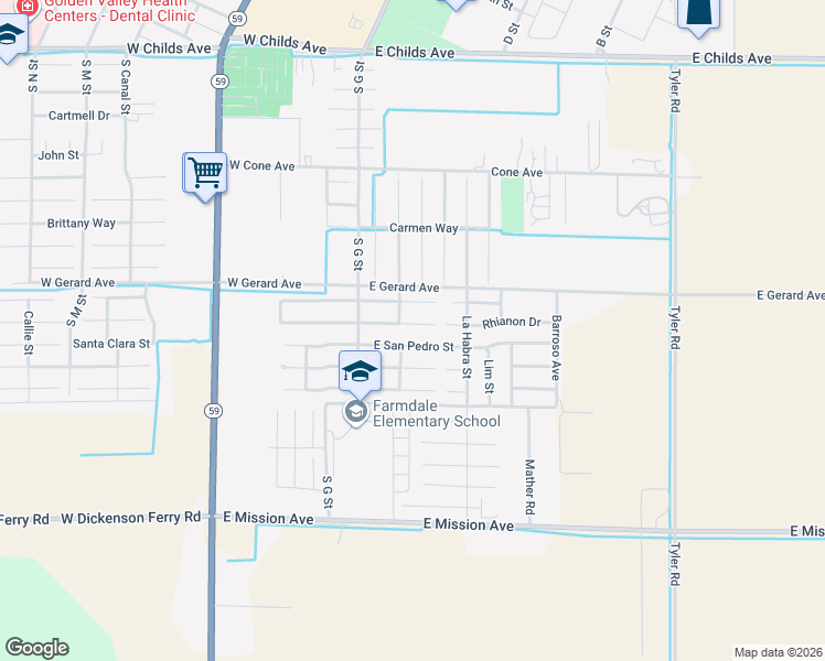 map of restaurants, bars, coffee shops, grocery stores, and more near 130 East San Clemente Court in Merced