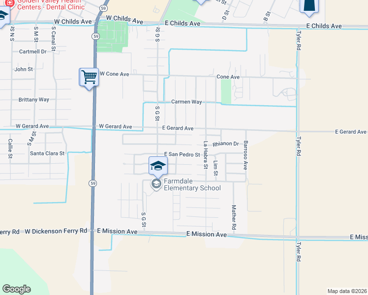 map of restaurants, bars, coffee shops, grocery stores, and more near 130 East San Clemente Court in Merced