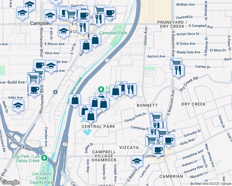 map of restaurants, bars, coffee shops, grocery stores, and more near 540 Westchester Dr in Campbell