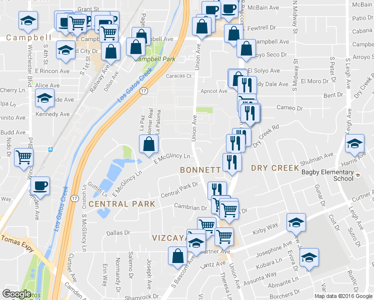 map of restaurants, bars, coffee shops, grocery stores, and more near 549 Union Avenue in Campbell