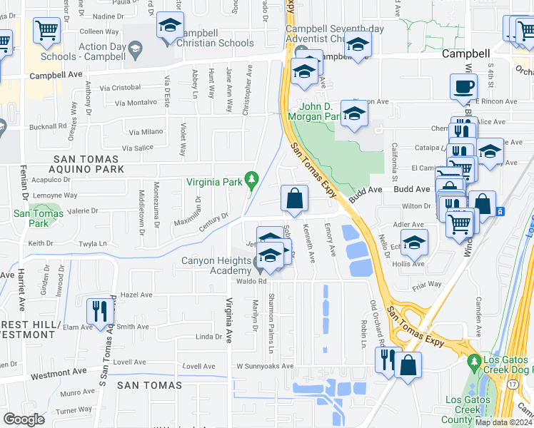 map of restaurants, bars, coffee shops, grocery stores, and more near 701 Budd Avenue in Campbell