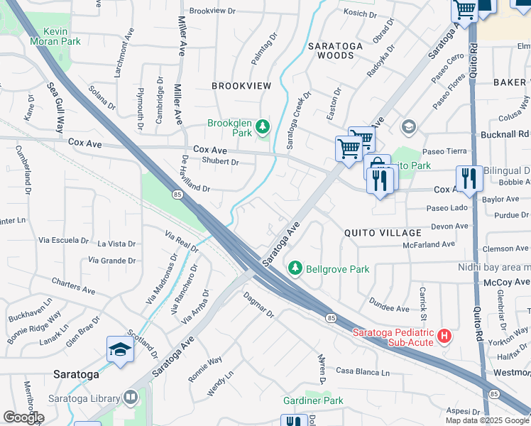 map of restaurants, bars, coffee shops, grocery stores, and more near 19628 Vineyard Lane in Saratoga