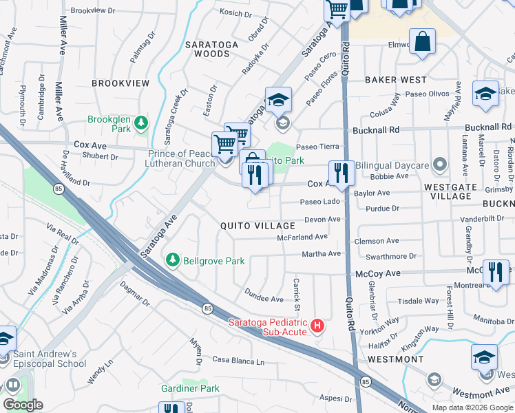 map of restaurants, bars, coffee shops, grocery stores, and more near 10875 Elm Circle in Saratoga