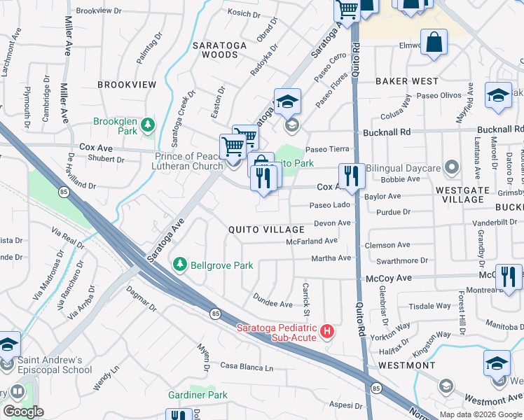 map of restaurants, bars, coffee shops, grocery stores, and more near 10845 Elm Circle in Saratoga