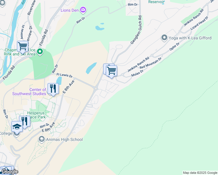 map of restaurants, bars, coffee shops, grocery stores, and more near 1100 Goeglein Gulch in Durango