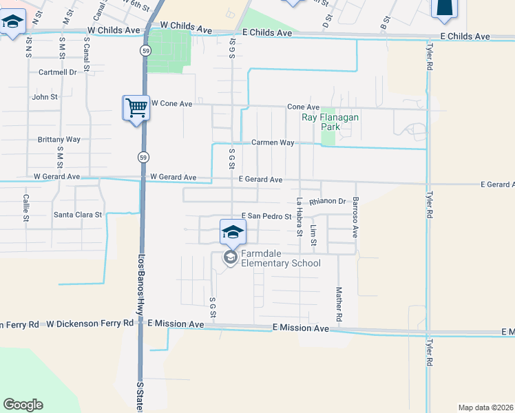map of restaurants, bars, coffee shops, grocery stores, and more near 130 East San Clemente Court in Merced
