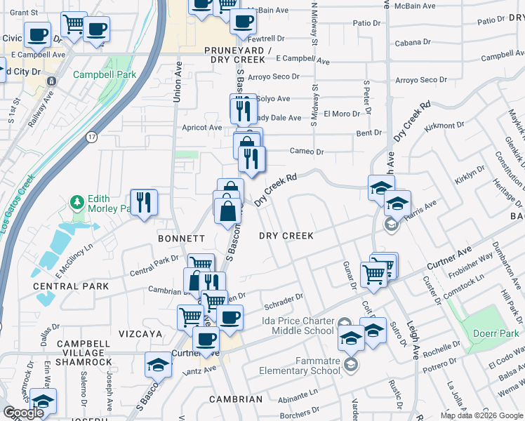 map of restaurants, bars, coffee shops, grocery stores, and more near 2306 Pauline Drive in San Jose