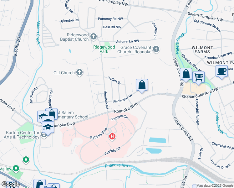 map of restaurants, bars, coffee shops, grocery stores, and more near 925 Ingleside Lane in Salem