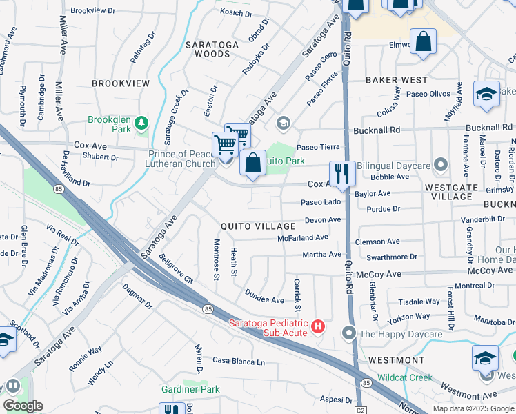 map of restaurants, bars, coffee shops, grocery stores, and more near 10875 Elm Circle in Saratoga