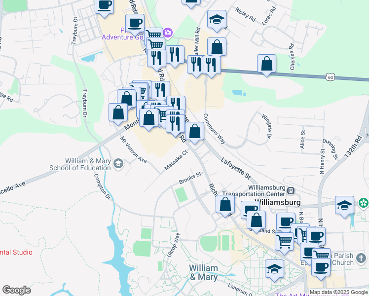 map of restaurants, bars, coffee shops, grocery stores, and more near 971 Richmond Road in Williamsburg