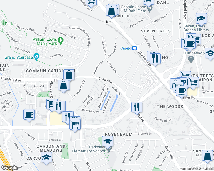 map of restaurants, bars, coffee shops, grocery stores, and more near 3627 Snell Avenue in San Jose