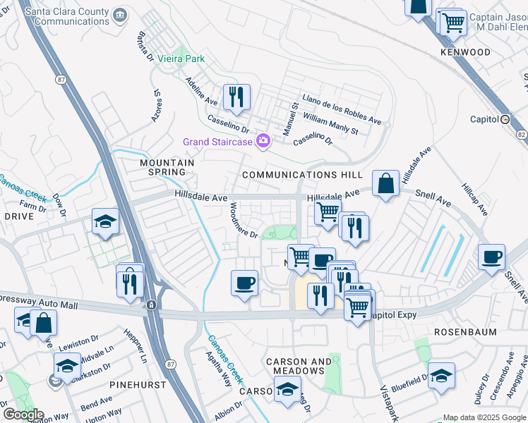 map of restaurants, bars, coffee shops, grocery stores, and more near 343 Alana Drive in San Jose