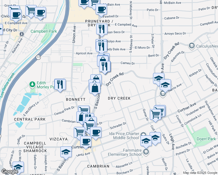 map of restaurants, bars, coffee shops, grocery stores, and more near 2306 Pauline Drive in San Jose
