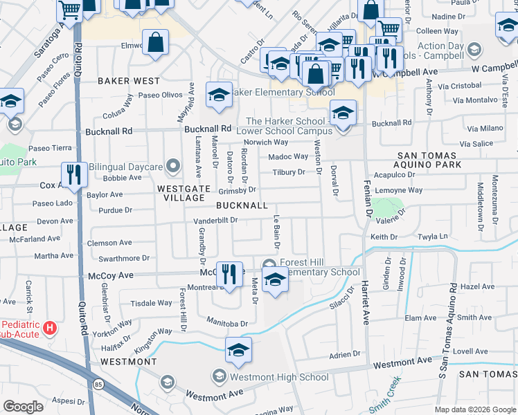 map of restaurants, bars, coffee shops, grocery stores, and more near 4644 Alex Drive in San Jose