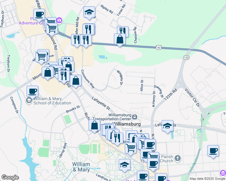 map of restaurants, bars, coffee shops, grocery stores, and more near 110 Wingate Drive in Williamsburg