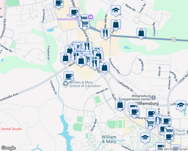 map of restaurants, bars, coffee shops, grocery stores, and more near 1214 Richmond Road in Williamsburg