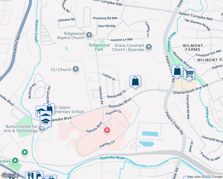 map of restaurants, bars, coffee shops, grocery stores, and more near 925 Ingleside Lane in Salem