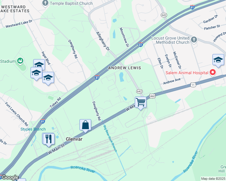 map of restaurants, bars, coffee shops, grocery stores, and more near 3720 Knollridge Road in Salem