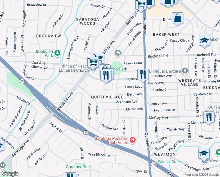 map of restaurants, bars, coffee shops, grocery stores, and more near 10925 Elm Circle in Saratoga