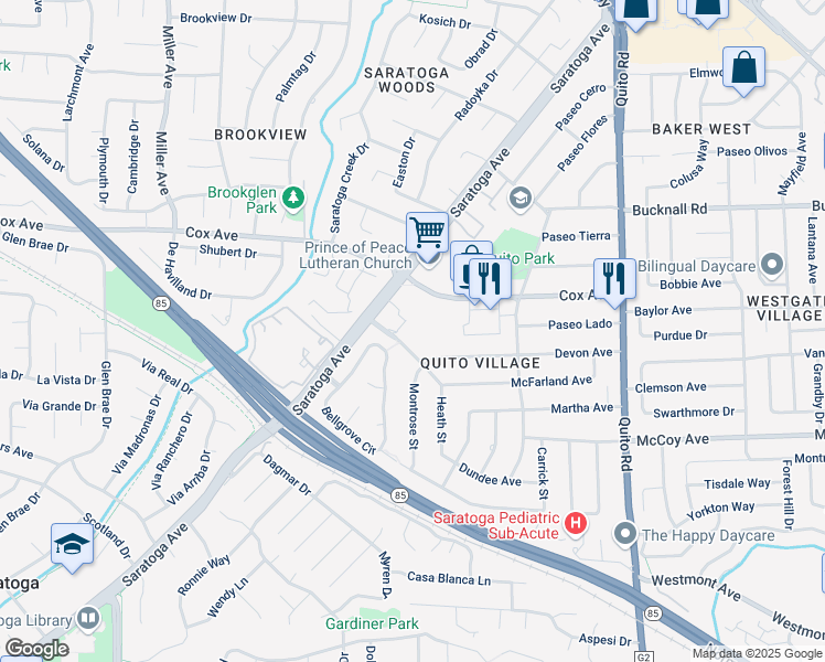 map of restaurants, bars, coffee shops, grocery stores, and more near 12950 Saratoga Avenue in Saratoga