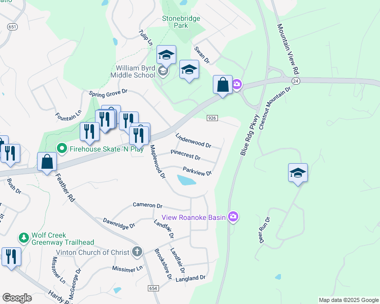 map of restaurants, bars, coffee shops, grocery stores, and more near 2626 Pinecrest Drive in Vinton
